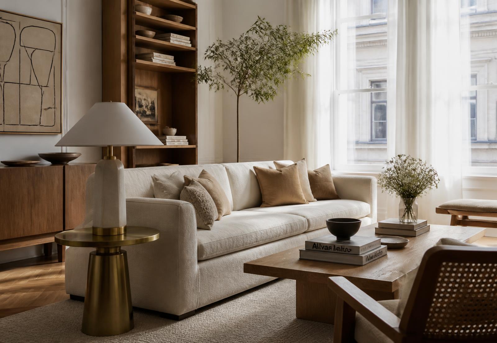 Styled luxury apartment living room with warm oak furniture and natural light