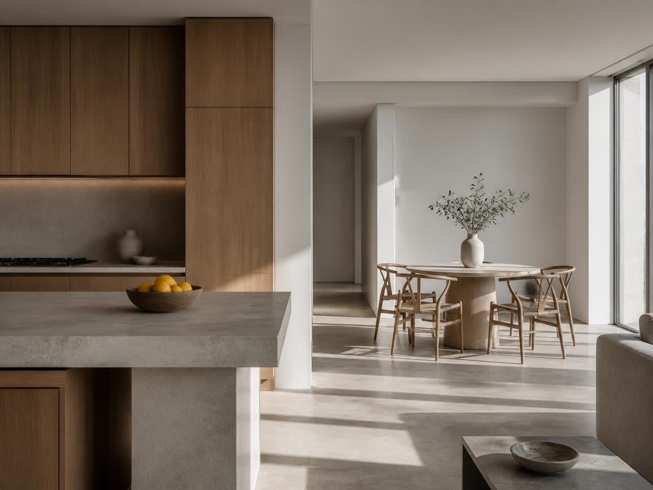 Minimal luxury kitchen and dining space in a managed property
